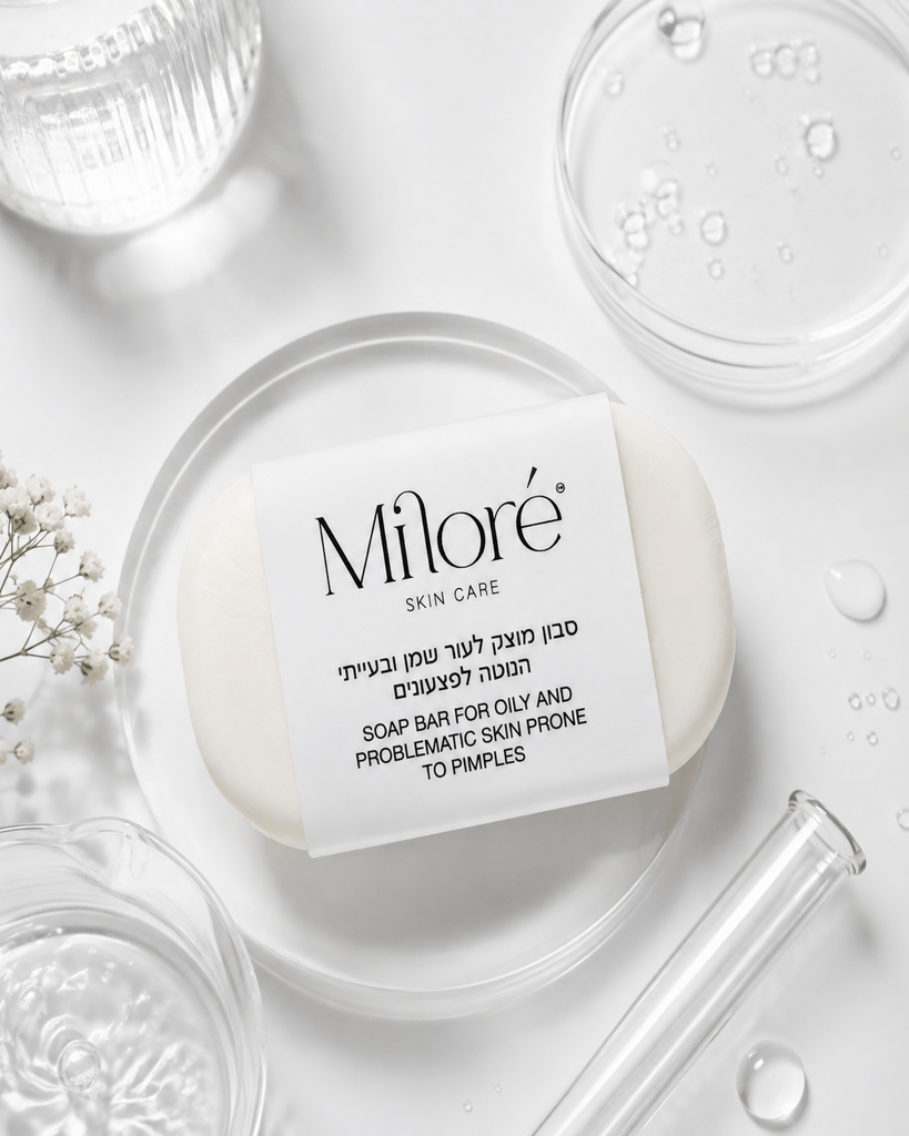 סבון פנים מוצק Miloré — על רקע מעבדה
